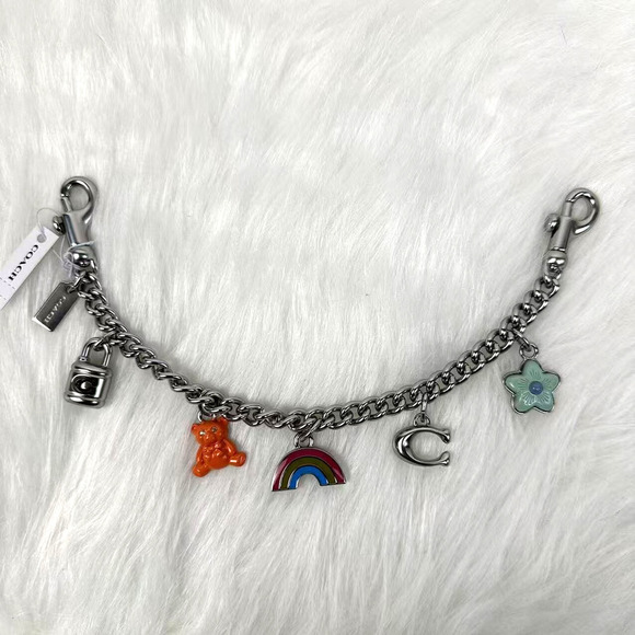 Coach Silver Swagger Chain With Charms Flower, Bear, C, Rainbow, Lock CW662 NWT - Picture 2 of 10